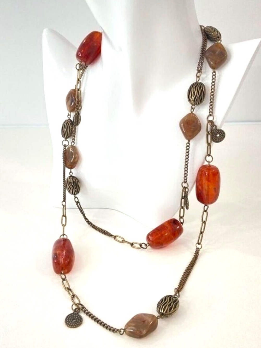 Vintage-Inspired Long Necklace With Red & Brown Beads Antique Bronze Chain Boho
